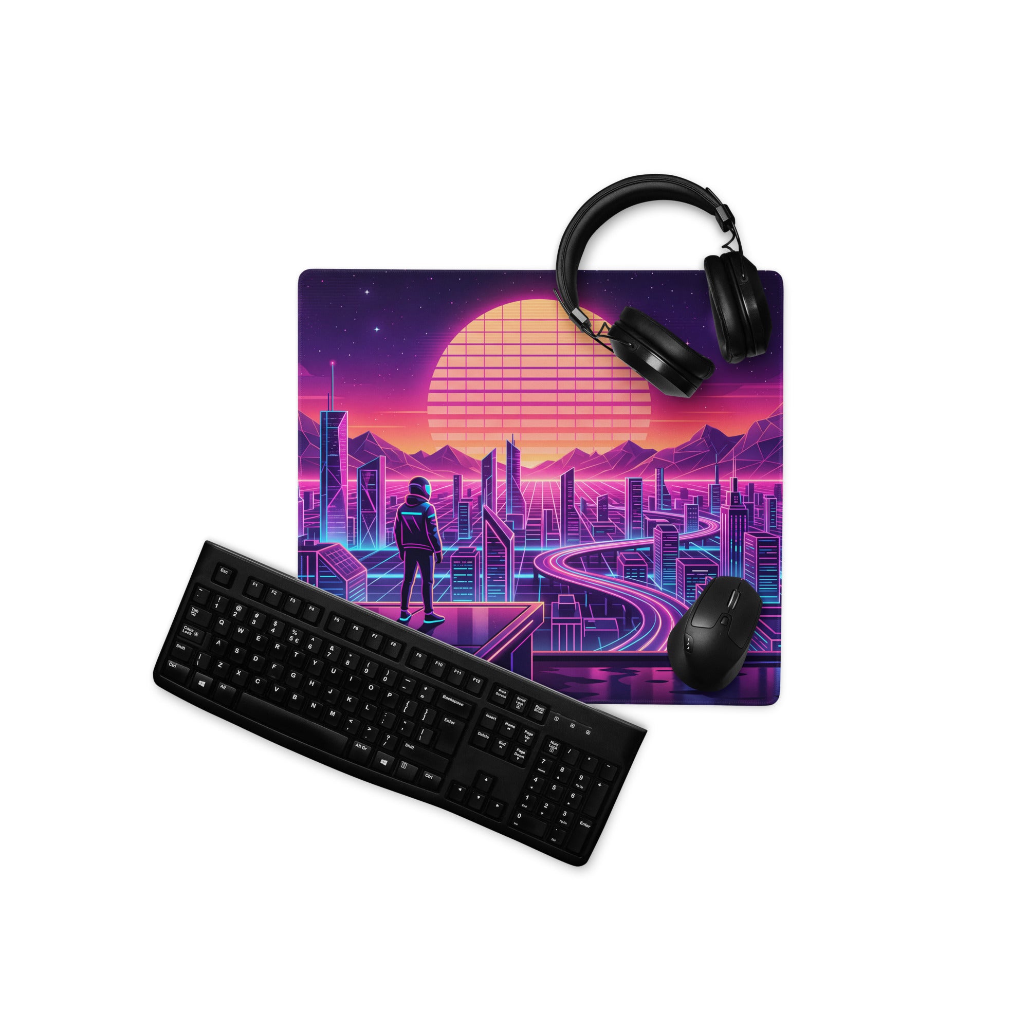 Vaporwave Neon City Pad - Gaming Mouse Pad Purple Pink Desk Vaporwave Mood Retro Futuristic Neon Desk Gear Digital Art