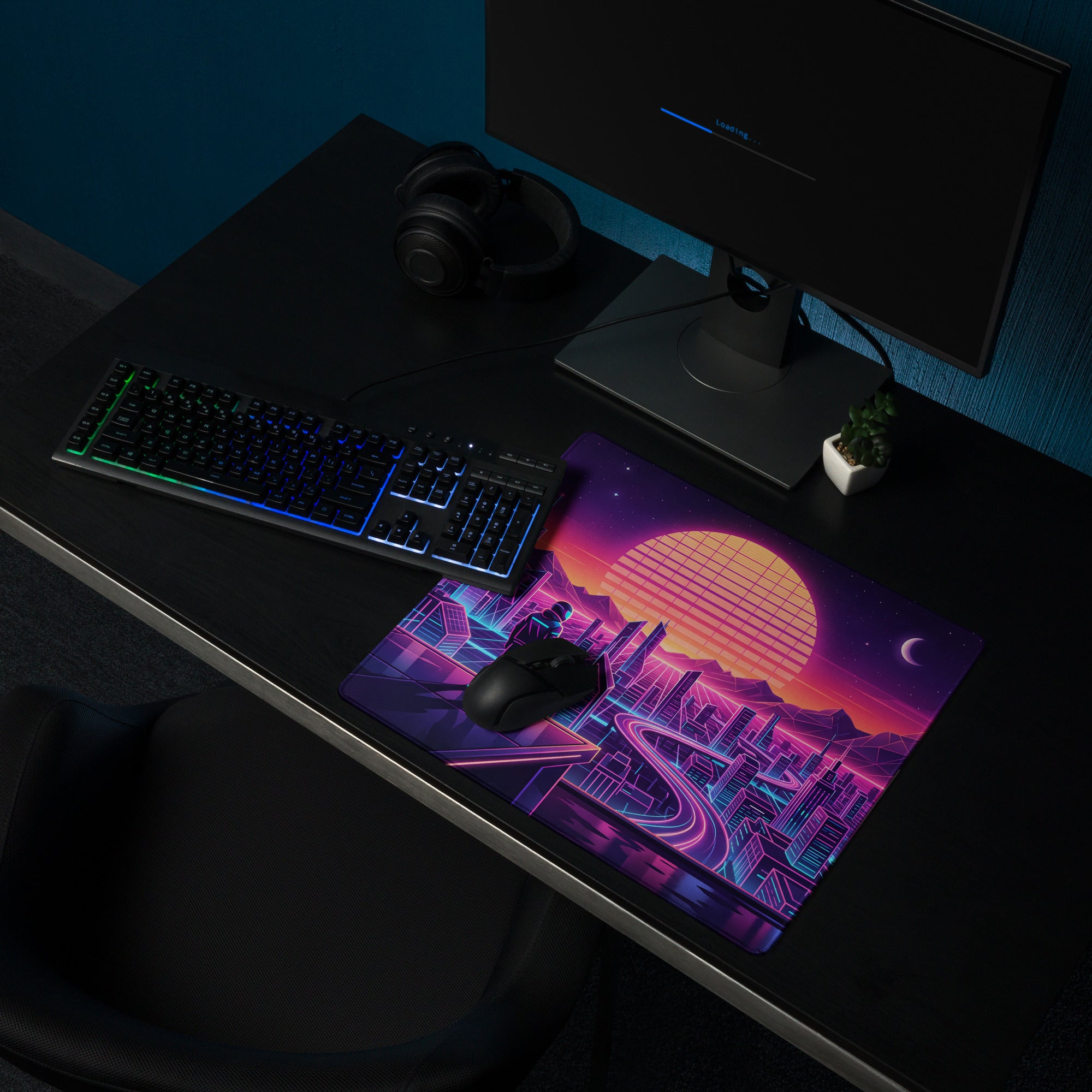 Vaporwave Neon City Pad - Gaming Mouse Pad Purple Pink Desk Vaporwave Mood Retro Futuristic Neon Desk Gear Digital Art