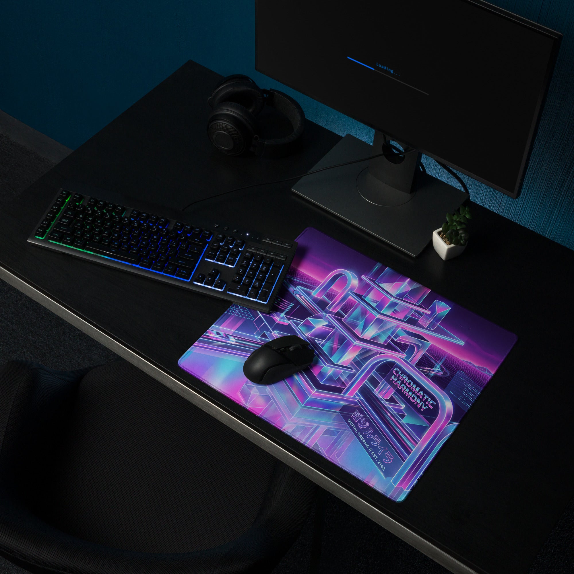 Vaporwave Neon Gaming Mouse Pad - Neon Purple Pink Blue Desktop Setup Vaporwave Retro Futurism Desk Mat Digital Art