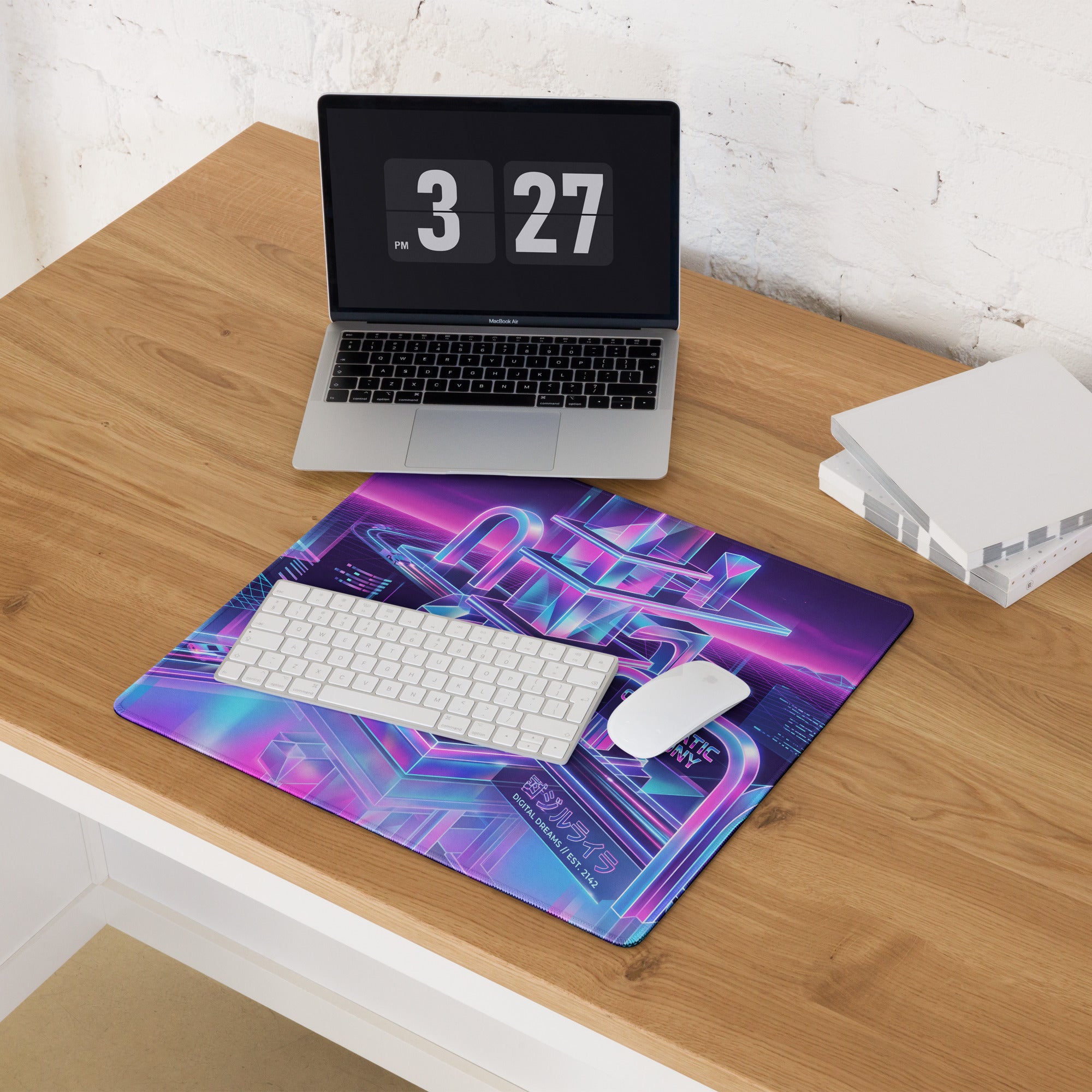 Vaporwave Neon Gaming Mouse Pad - Neon Purple Pink Blue Desktop Setup Vaporwave Retro Futurism Desk Mat Digital Art