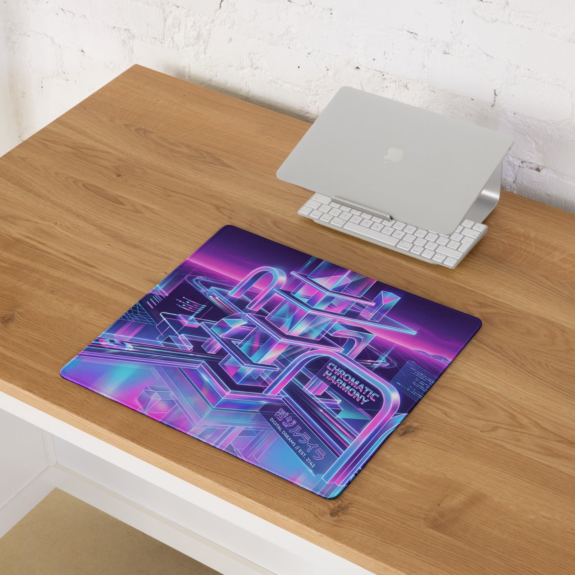 Vaporwave Neon Gaming Mouse Pad - Neon Purple Pink Blue Desktop Setup Vaporwave Retro Futurism Desk Mat Digital Art