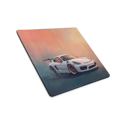Porsche Cayman GT4 Inspired White & Orange Track Edition Desk Mat – Low-Friction Cloth Setup Mousepad