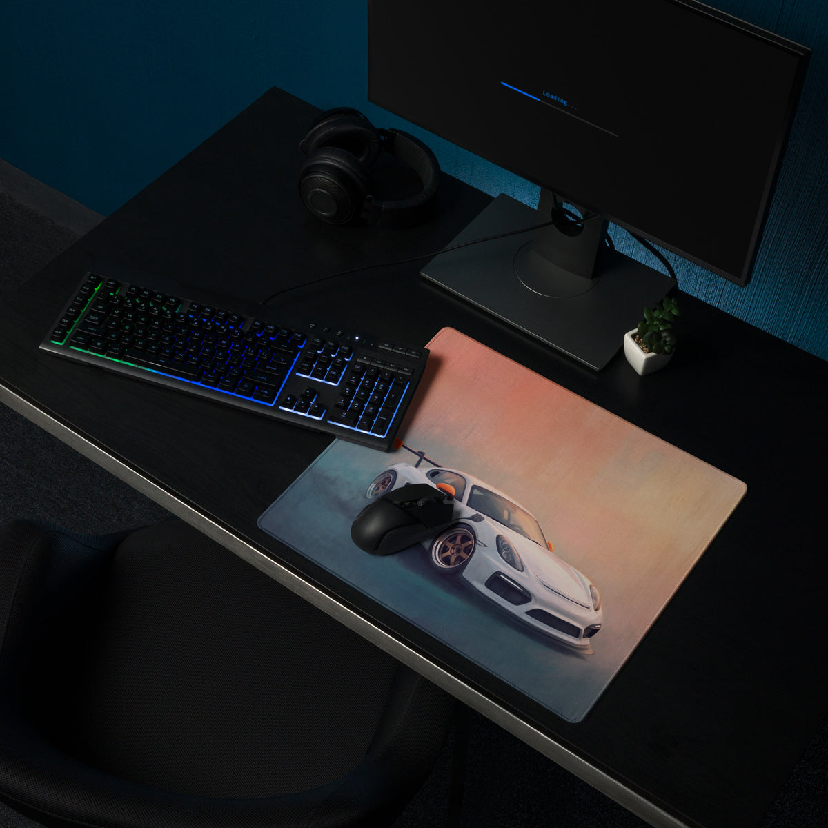 Porsche Cayman GT4 Inspired White & Orange Track Edition Desk Mat – Low-Friction Cloth Setup Mousepad