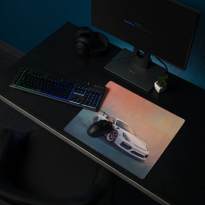 Porsche Cayman GT4 Inspired White & Orange Track Edition Desk Mat – Low-Friction Cloth Setup Mousepad