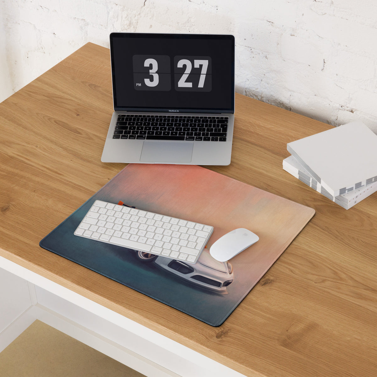 Porsche Cayman GT4 Inspired White & Orange Track Edition Desk Mat – Low-Friction Cloth Setup Mousepad