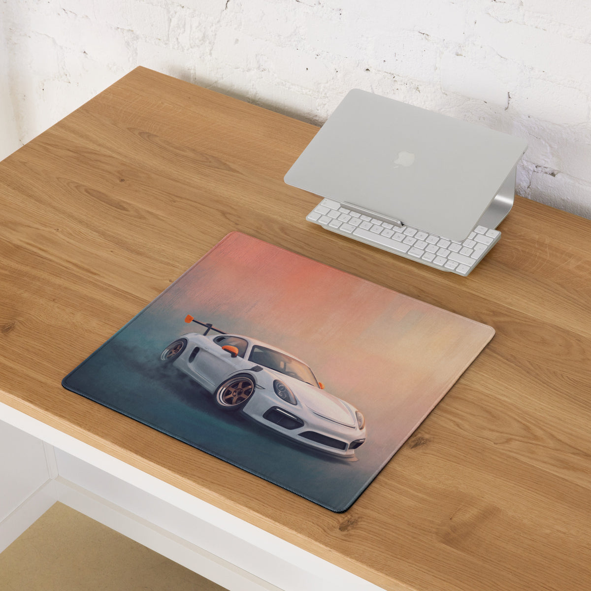 Porsche Cayman GT4 Inspired White & Orange Track Edition Desk Mat – Low-Friction Cloth Setup Mousepad