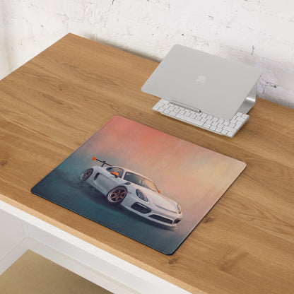 Porsche Cayman GT4 Inspired White & Orange Track Edition Desk Mat – Low-Friction Cloth Setup Mousepad