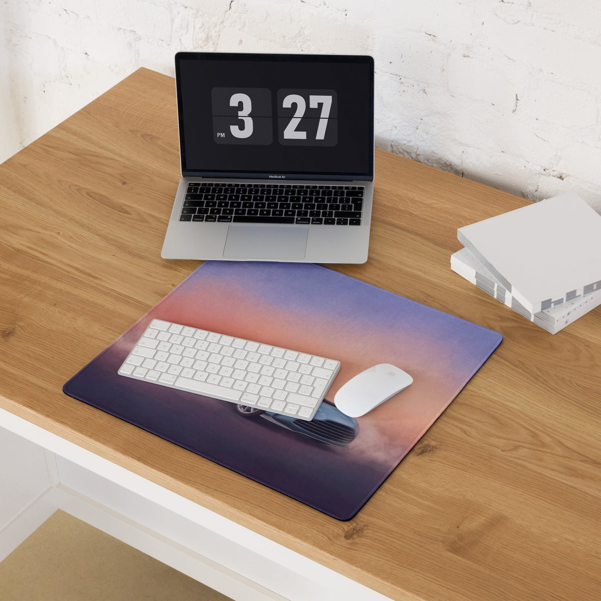 Aston Martin Vantage inspired sky blue GT3 extended non slip rectangular mousepad with vibrant purple pink orange sunset and classic car