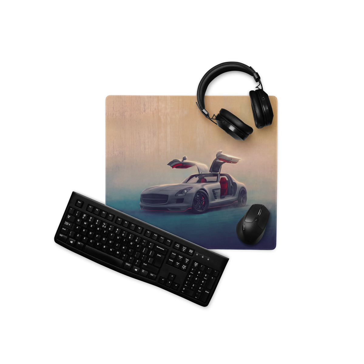 Mercedes-Benz SLS AMG Inspired Silver Gullwing Supercar Desk Mat – Low-Friction Cloth Setup Mousepad