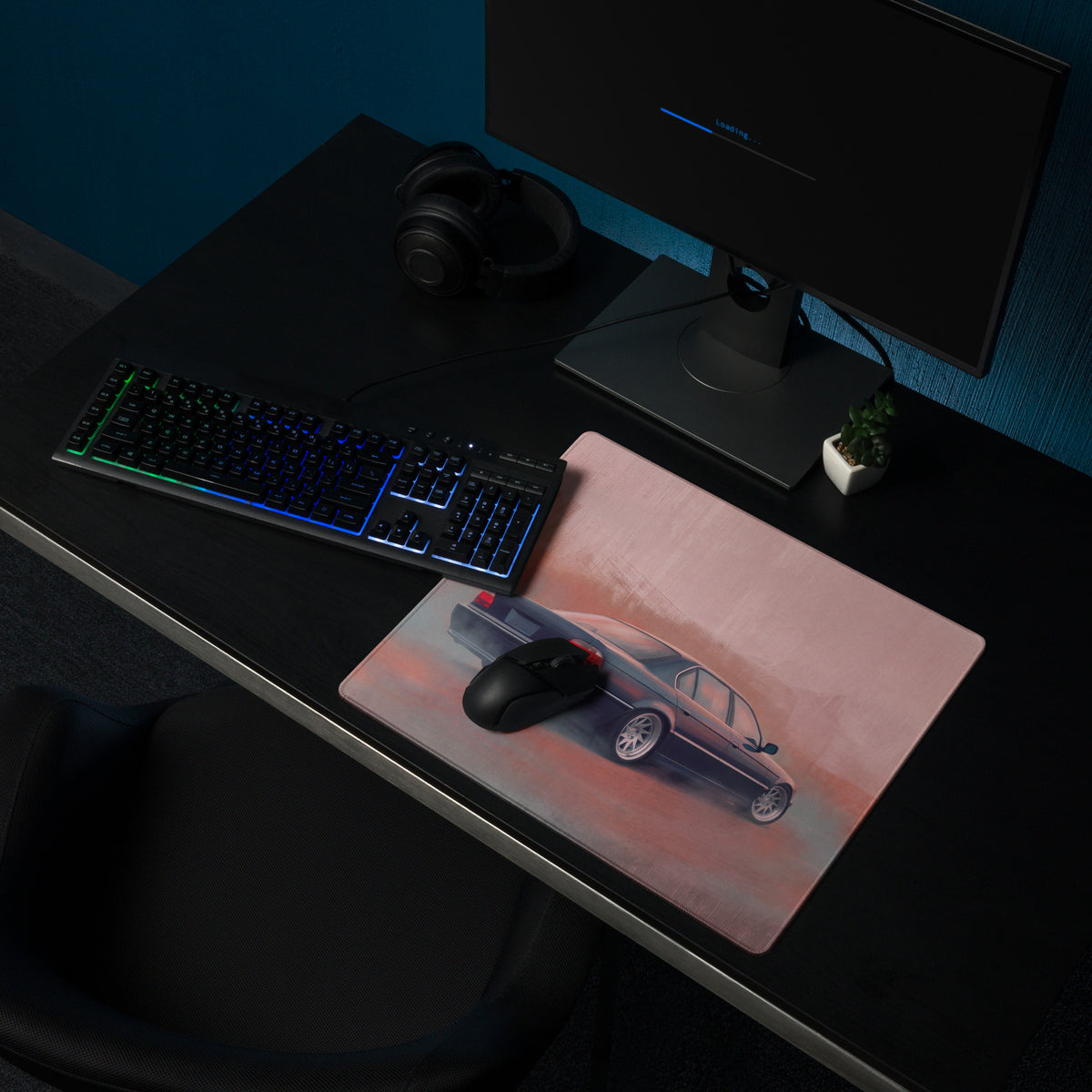 BMW 7 Series Inspired Dark Blue E38 Stance Desk Mat – Low-Friction Cloth Setup Mousepad