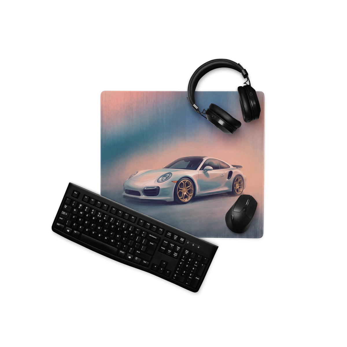 Porsche 911 Inspired Silver Gold Rim Turbo Desk Mat – High-Precision XL Gaming Mousepad