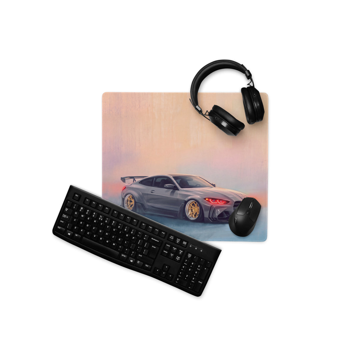 BMW M4 Inspired Gray Widebody GT Wing Desk Mat – Low-Friction Cloth Setup Mousepad