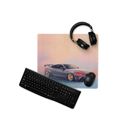BMW M4 Inspired Gray Widebody GT Wing Desk Mat – Low-Friction Cloth Setup Mousepad