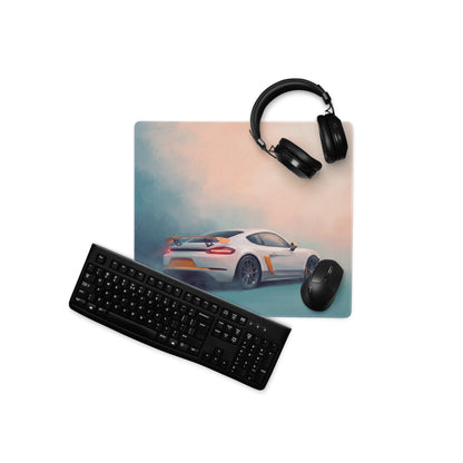 Porsche Cayman GT4 Inspired White & Orange Track Edition Desk Pad – Extended Non-Slip PC Mouse Mat