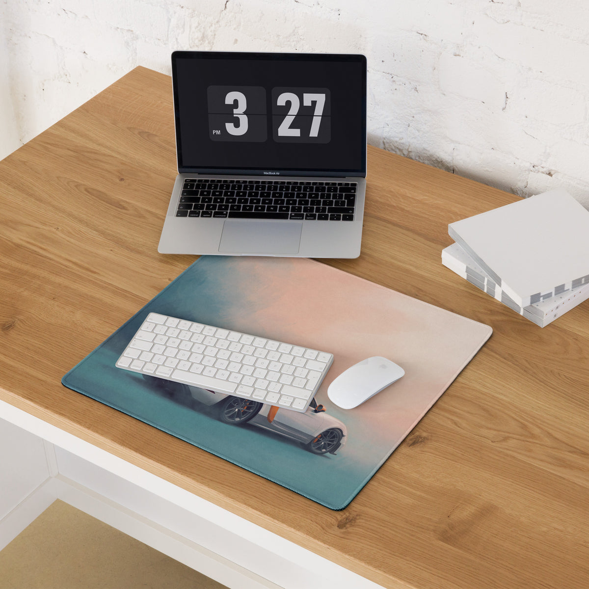 Porsche Cayman GT4 Inspired White & Orange Track Edition Desk Pad – Extended Non-Slip PC Mouse Mat