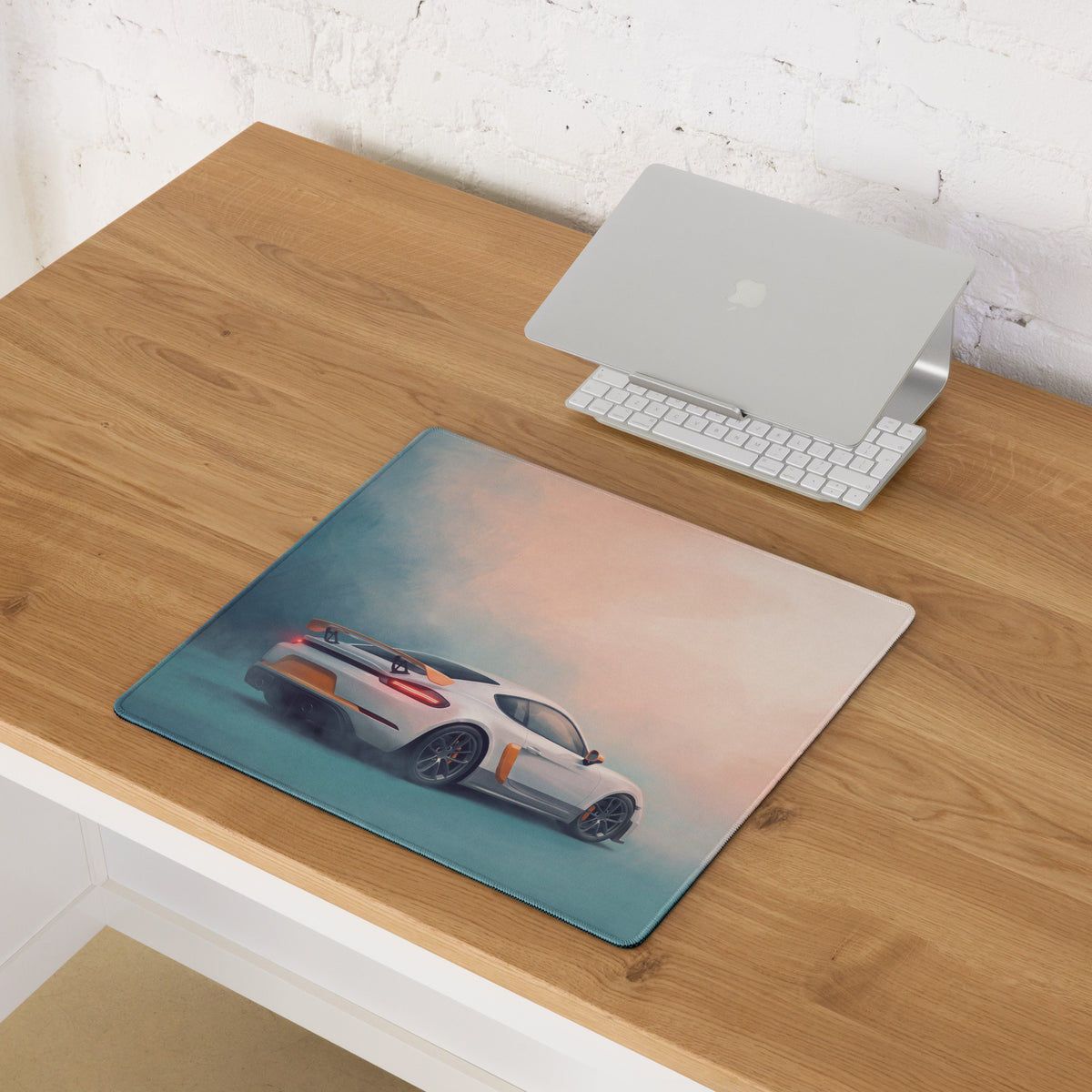 Porsche Cayman GT4 Inspired White & Orange Track Edition Desk Pad – Extended Non-Slip PC Mouse Mat