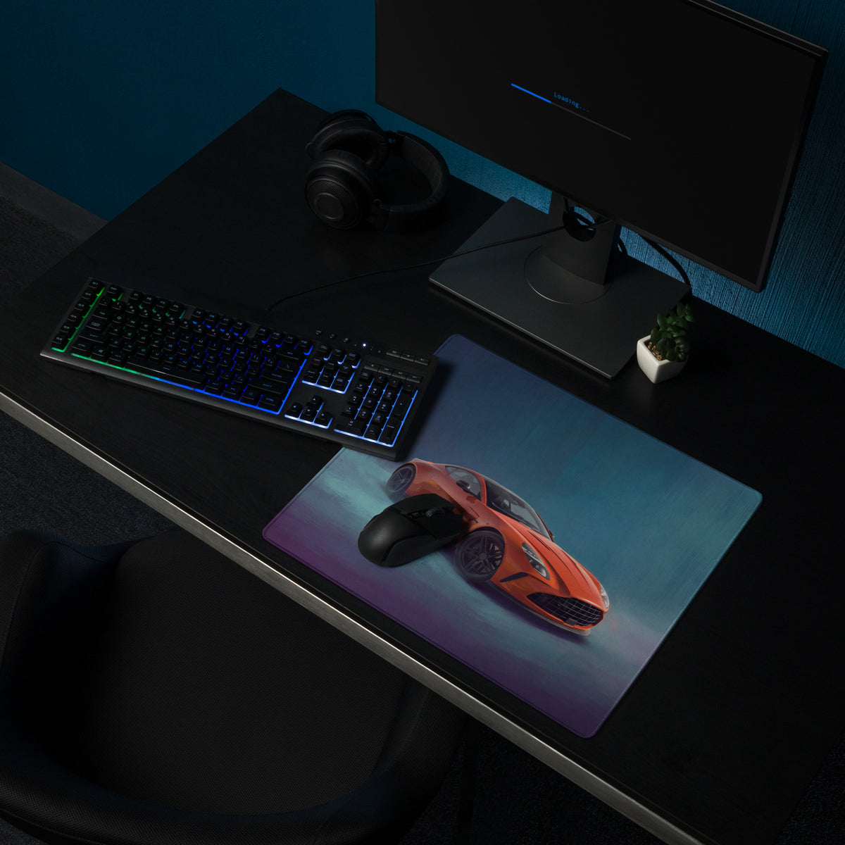 Orange sports car graphic gaming mousepad inspired by aston martin vantage in sunset orange xl desk mat
