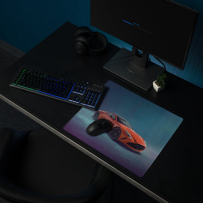 Orange sports car graphic gaming mousepad inspired by aston martin vantage in sunset orange xl desk mat