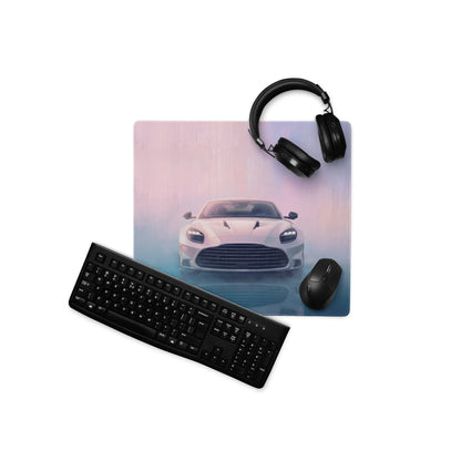 Aston Martin vantage inspired pearl white sports car on rectangular ultra-glide stitched edge gaming mousepad