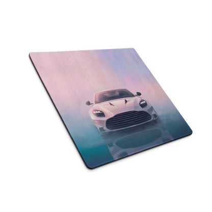 A white aston martin vantage inspired desk pad with ultra-glide stitched edge and pastel gradient background