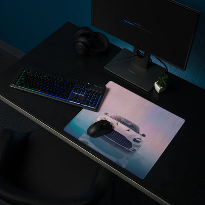 A sleek rectangular ultra-glide stitched edge gaming mousepad with a pearl white aston martin vantage graphic
