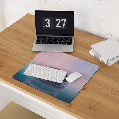Aston Martin Vantage inspired pearl white desk pad with a soft pink to deep blue gradient and abstract watercolor pattern
