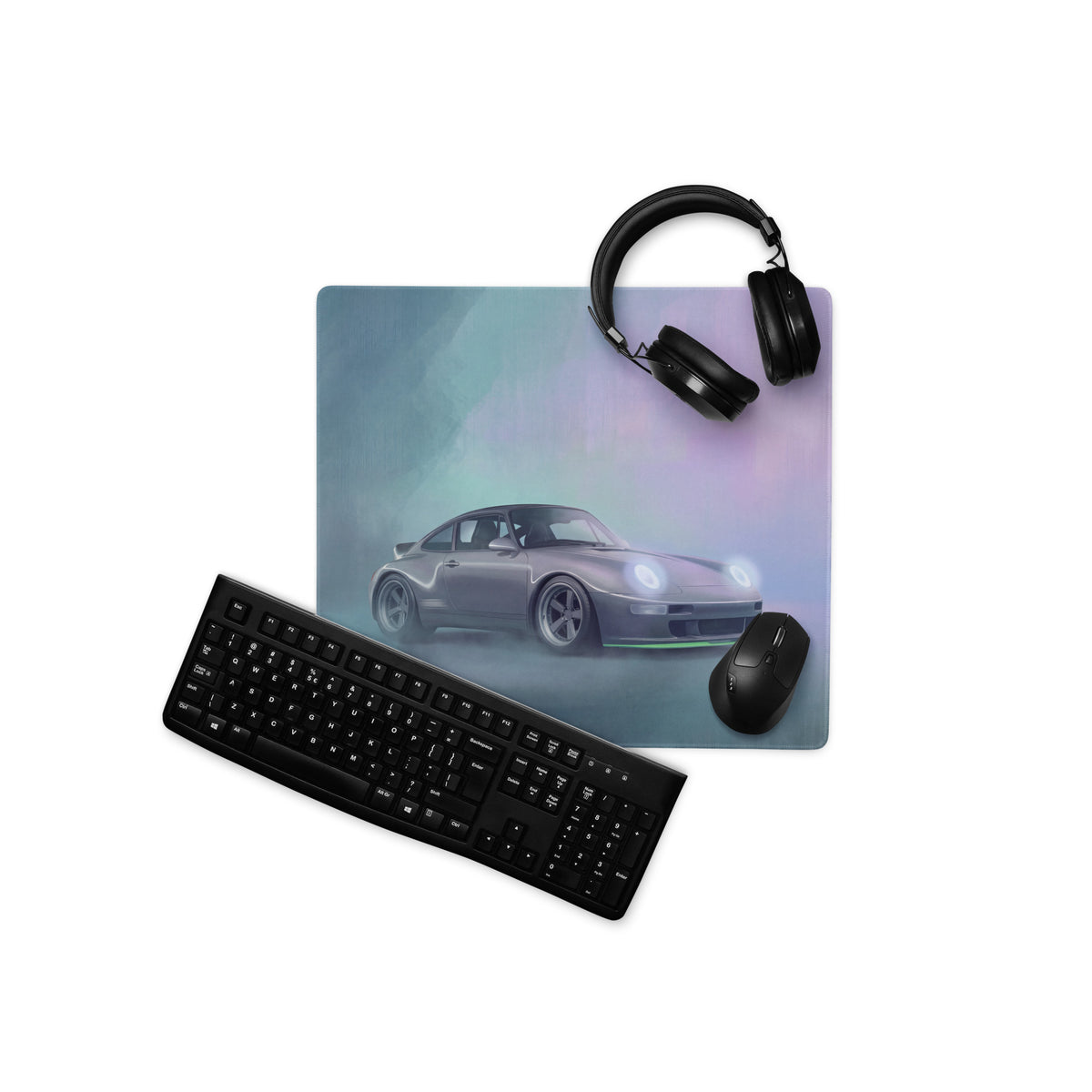 A sleek matte finish porsche 911 inspired silver 993 widebody desk mat with glowing headlights for high precision gaming
