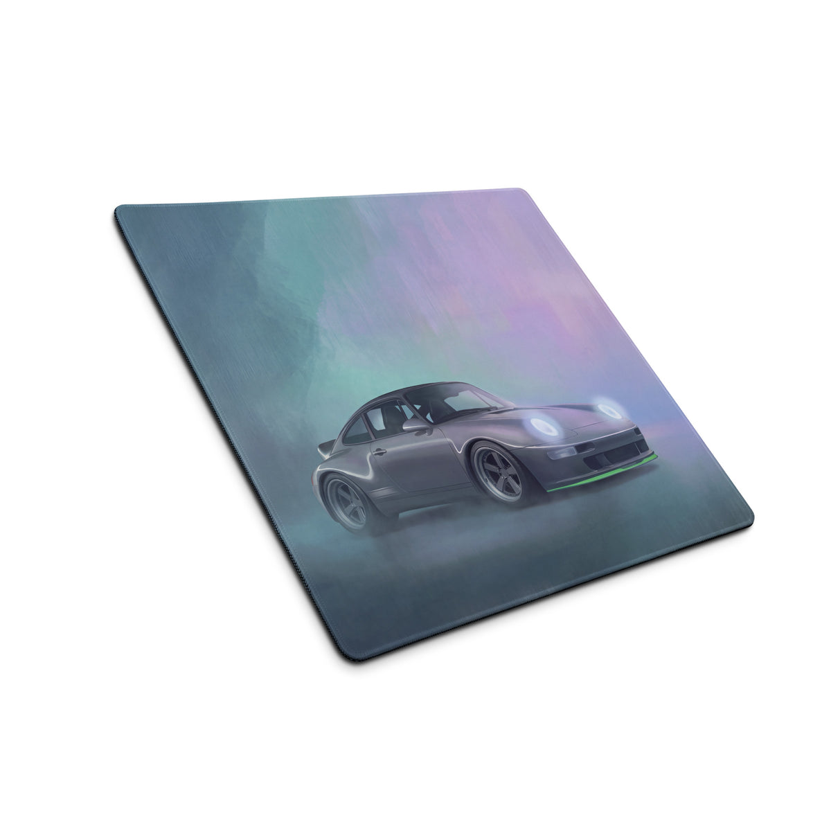 Porsche 911 inspired silver 993 widebody xl gaming mousepad with matte dark gray car illustration and green accents