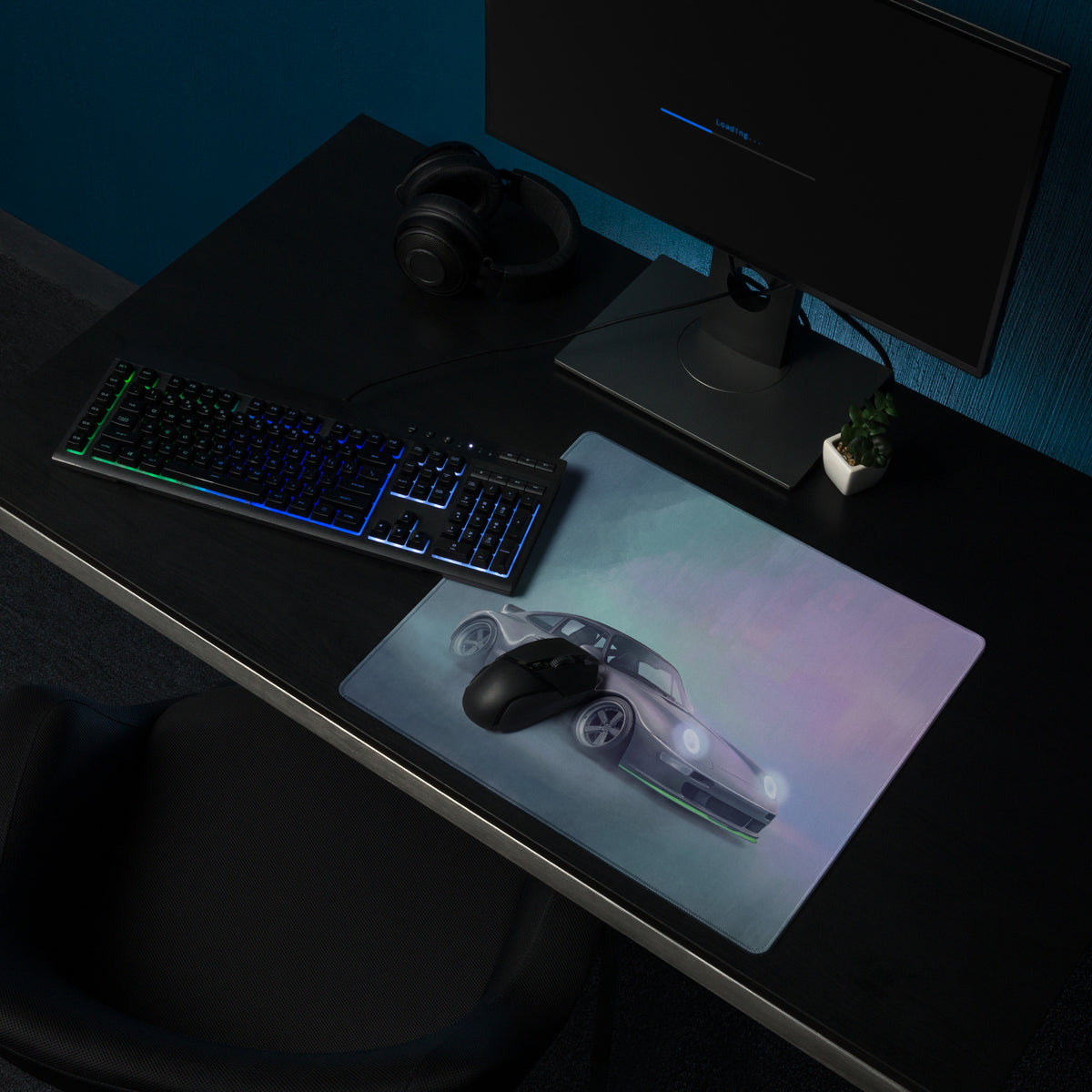 A sleek rectangular porsche 911 inspired silver 993 widebody desk mat with glowing headlights on a gradient background