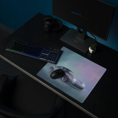A sleek rectangular porsche 911 inspired silver 993 widebody desk mat with glowing headlights on a gradient background