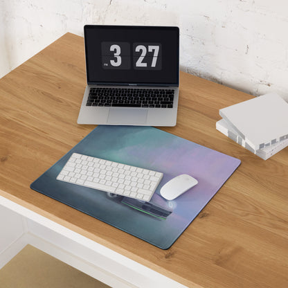 Porsche 911 inspired silver 993 widebody desk mat with blue to purple gradient and futuristic hovercraft design