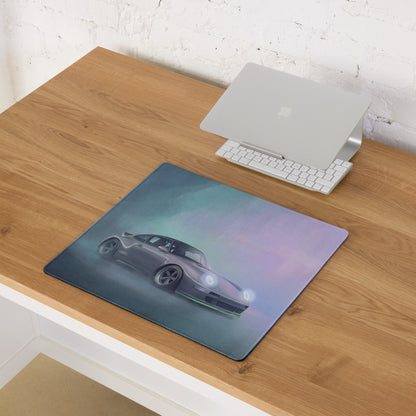 Rectangular high precision xl gaming mousepad with dark gray porsche 911 silver 993 widebody illustration on teal lavender background