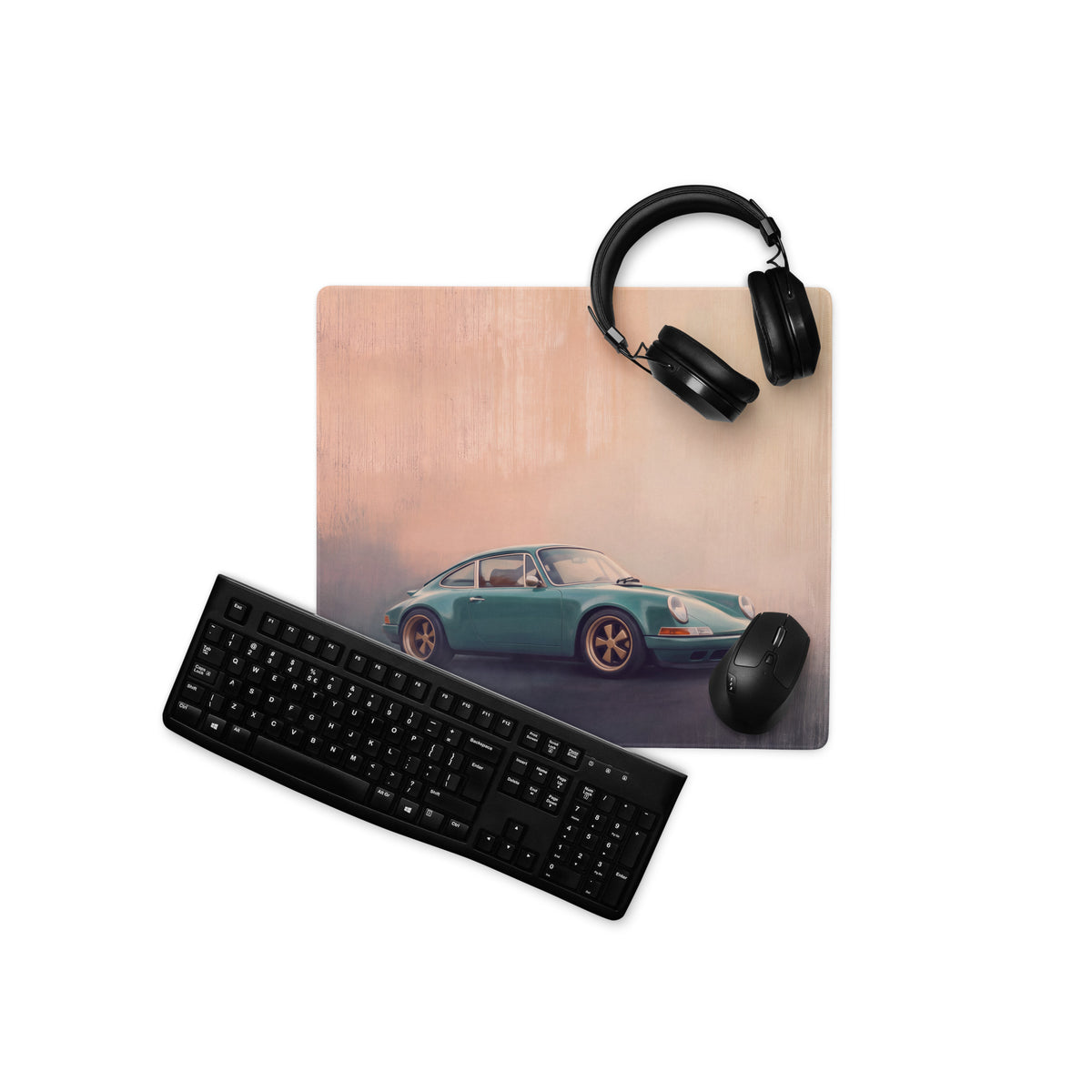 Porsche 911 Inspired Teal Restomod Gold Rim Desk Mat – High-Precision XL Gaming Mousepad