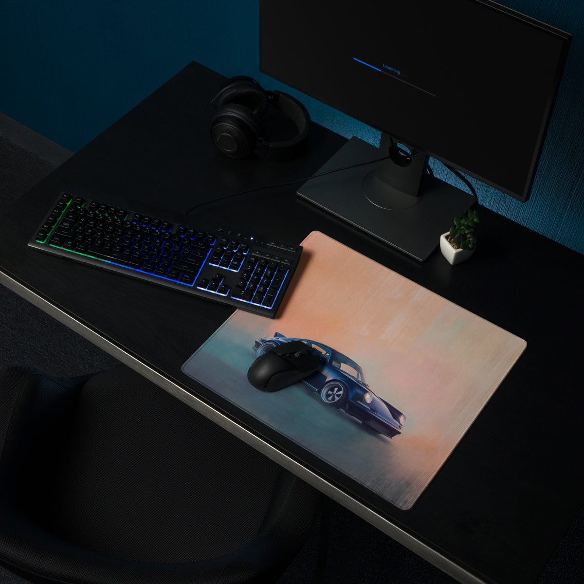Porsche 911 Inspired Metallic Blue Restomod Desk Pad – Extended Non-Slip PC Mouse Mat