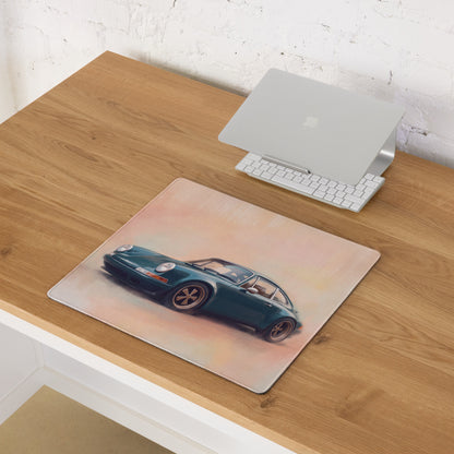 Porsche 911 Inspired Dark Green Restomod Gold Rim Desk Mat – Low-Friction Cloth Setup Mousepad