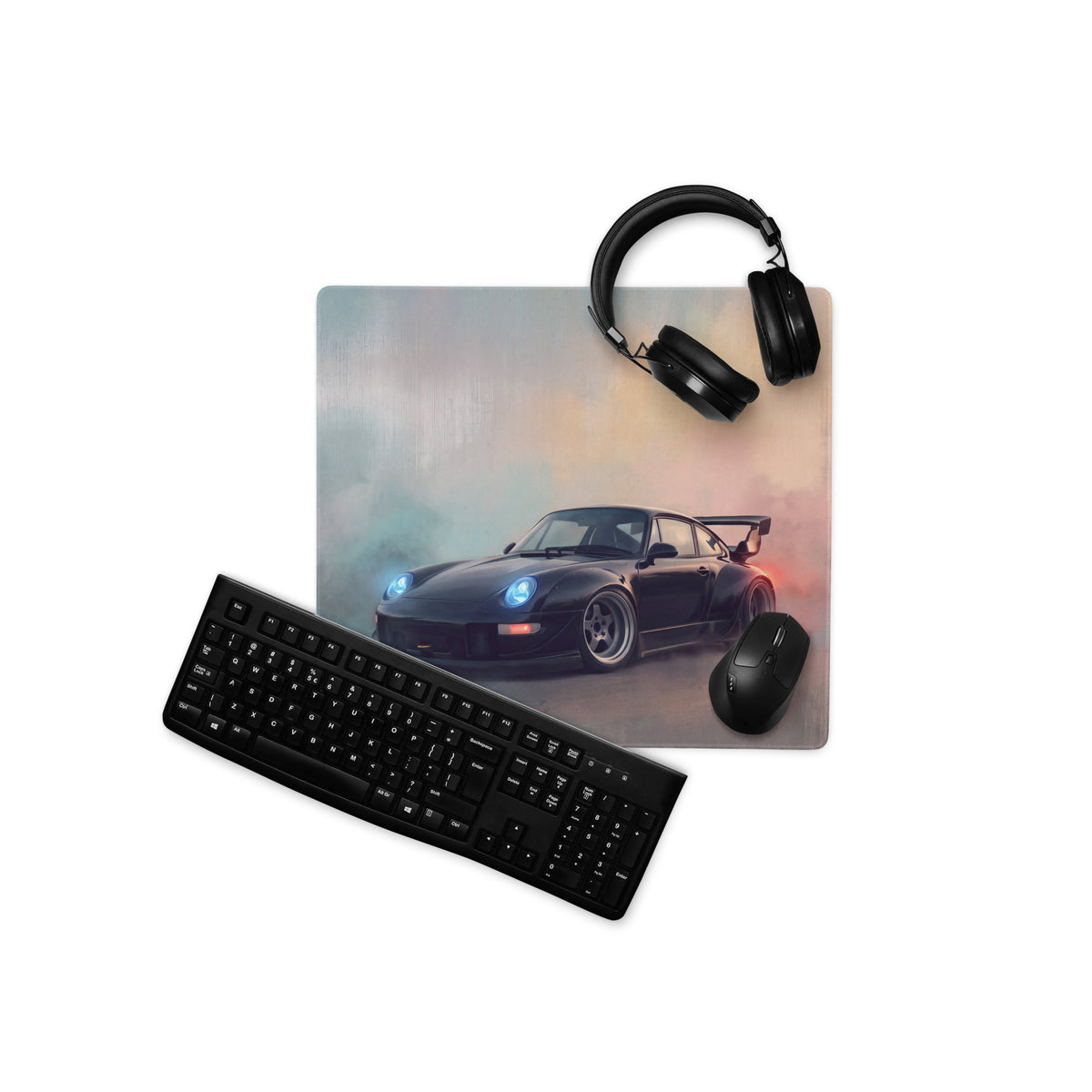 Porsche 911 Inspired Gloss Black Widebody GT Wing Desk Pad – Ultra-Glide Stitched Edge Gaming Mouse Mat