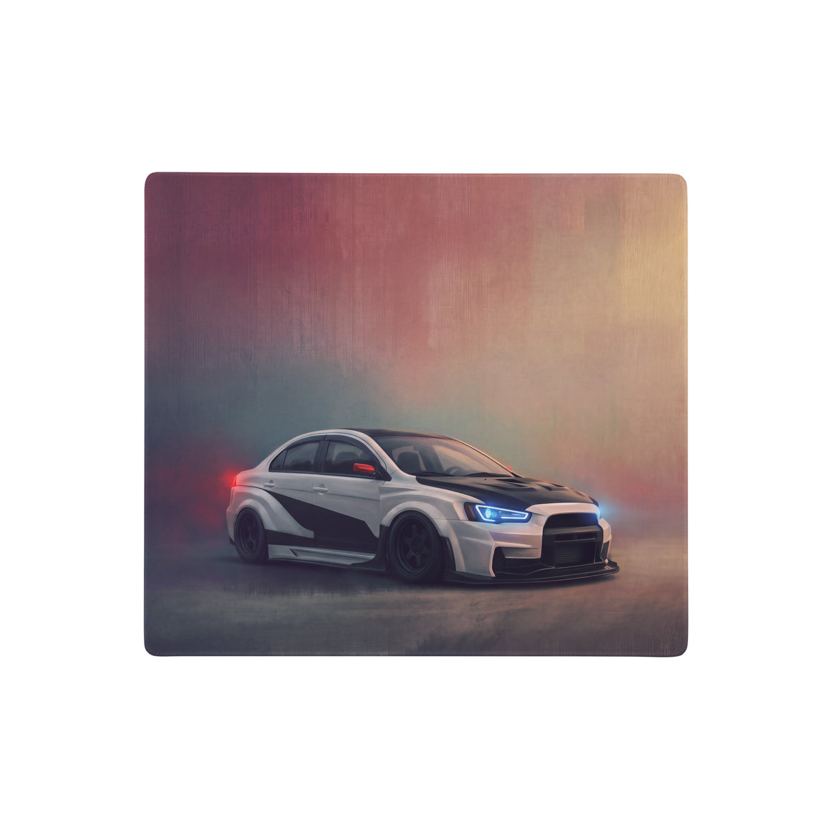 Mitsubishi lancer evolution inspired alpine carbon evo x widebody desk mat featuring white and black car with blue headlights