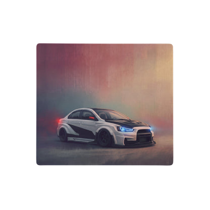 Mitsubishi lancer evolution inspired alpine carbon evo x widebody desk mat featuring white and black car with blue headlights