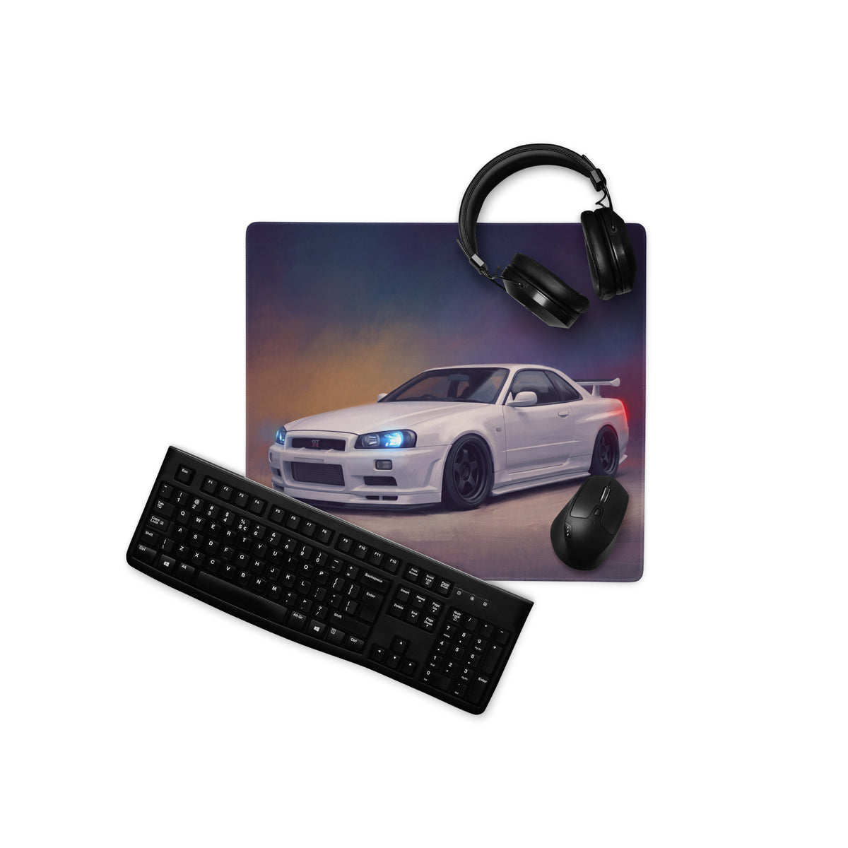 Nissan Skyline Inspired Pearl White R34 GT-R Desk Pad – Ultra-Glide Stitched Edge Gaming Mouse Mat