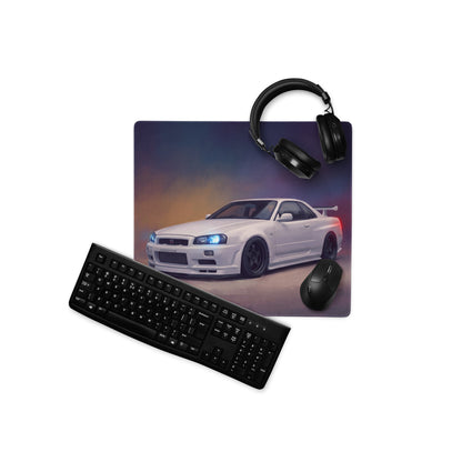 Nissan Skyline Inspired Pearl White R34 GT-R Desk Pad – Ultra-Glide Stitched Edge Gaming Mouse Mat