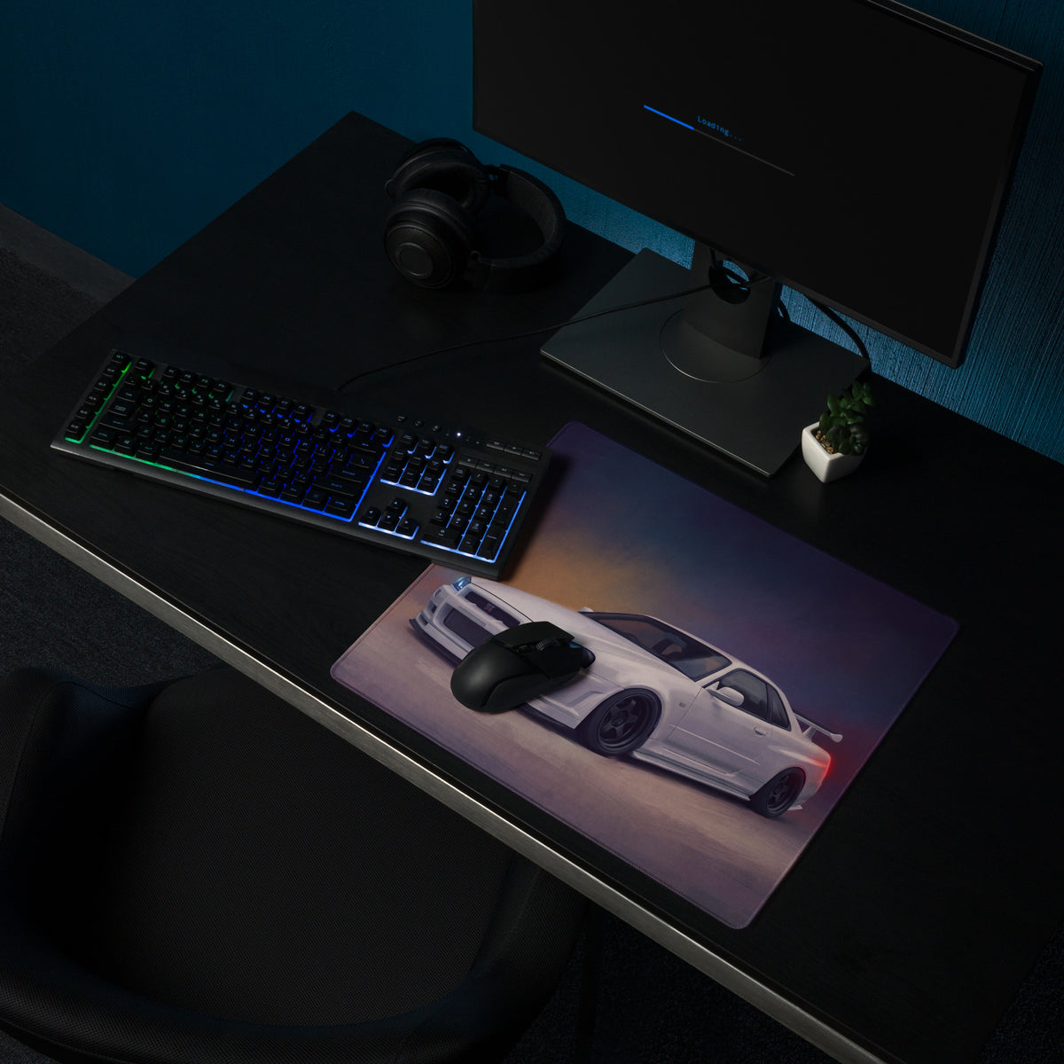Nissan Skyline Inspired Pearl White R34 GT-R Desk Pad – Ultra-Glide Stitched Edge Gaming Mouse Mat