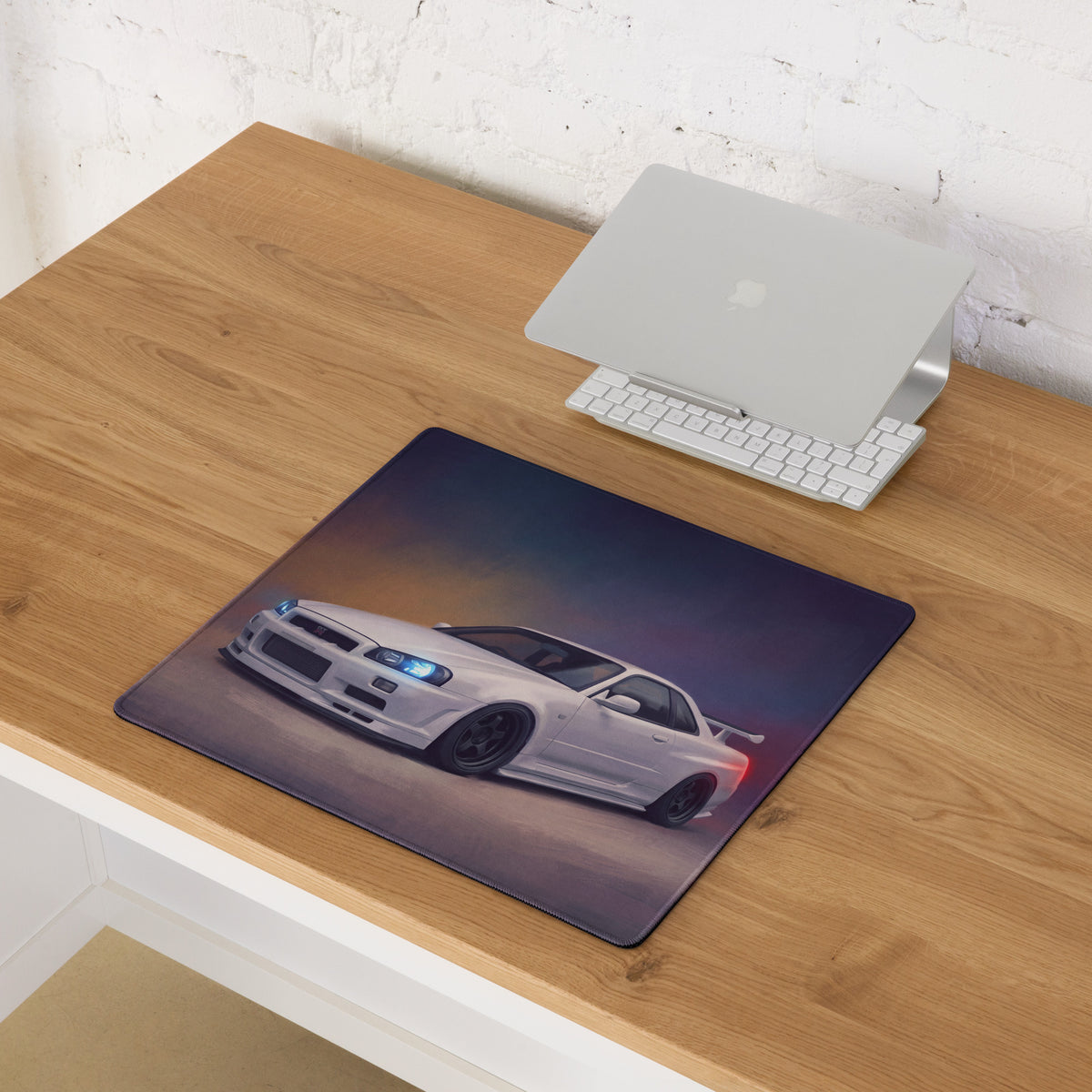 Nissan Skyline Inspired Pearl White R34 GT-R Desk Pad – Ultra-Glide Stitched Edge Gaming Mouse Mat