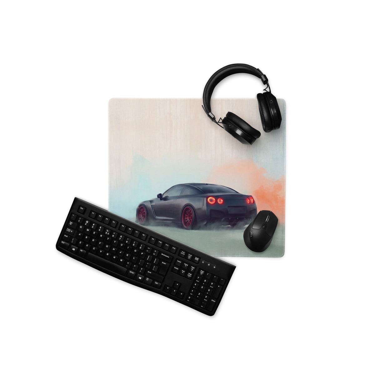 Nissan GT-R Inspired Matte Black Crimson Rim Desk Mat – High-Precision XL Gaming Mousepad