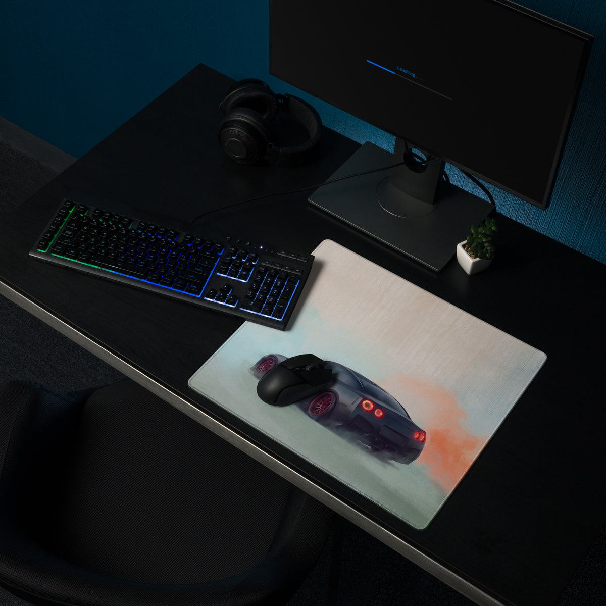 Nissan GT-R Inspired Matte Black Crimson Rim Desk Mat – High-Precision XL Gaming Mousepad