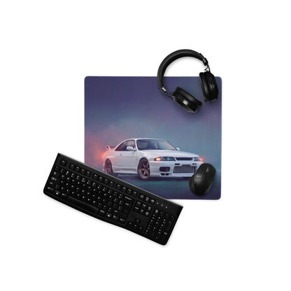 Nissan Skyline Inspired Pure White R33 GT-R Desk Pad – Ultra-Glide Stitched Edge Gaming Mouse Mat