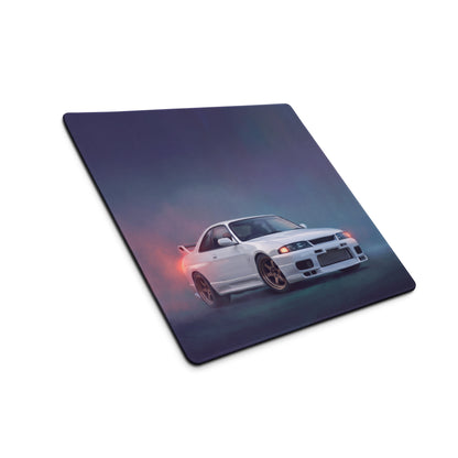 Nissan Skyline Inspired Pure White R33 GT-R Desk Pad – Ultra-Glide Stitched Edge Gaming Mouse Mat