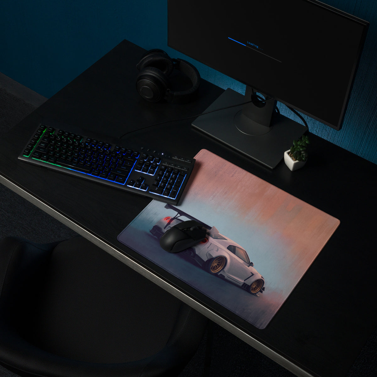 Nissan GT-R Inspired Pearl White Gold Rim Desk Mat – High-Precision XL Gaming Mousepad