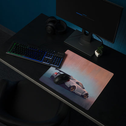 Nissan GT-R Inspired Pearl White Gold Rim Desk Mat – High-Precision XL Gaming Mousepad