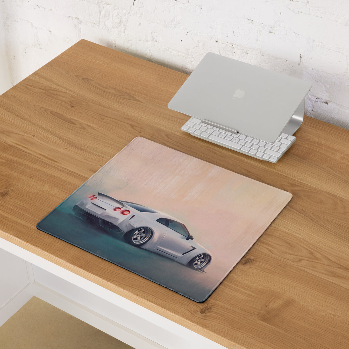 Nissan GT-R Inspired Pearl White Stance Desk Mat – Low-Friction Cloth Setup Mousepad