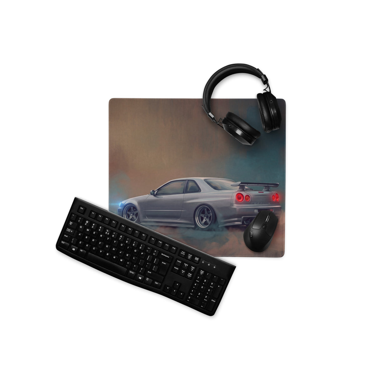 Nissan Skyline Inspired Sparkling Silver R34 GT-R Desk Pad – Ultra-Glide Stitched Edge Gaming Mouse Mat